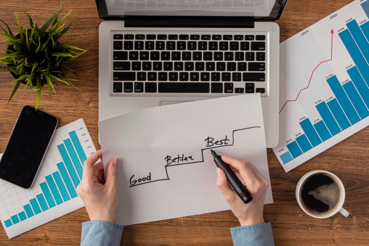 A person holding a paper labeled Good, Better, Best next to a laptop, coffee, and graphs, focusing on performance improvement.
