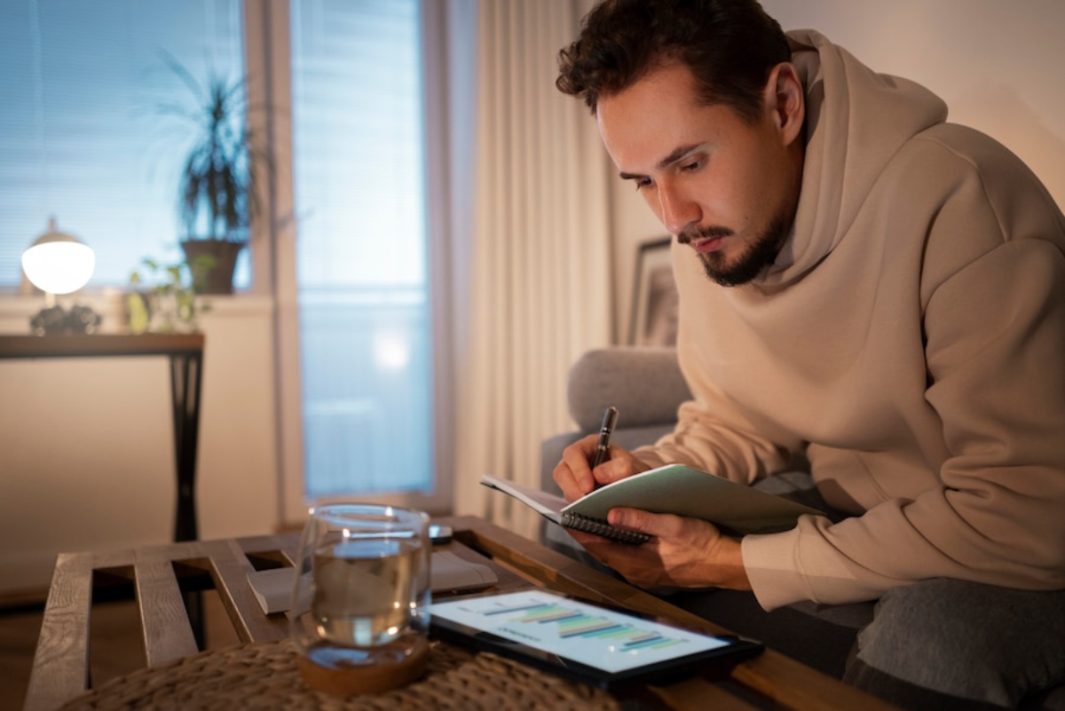 A person wearing a beige hoodie sits on a couch, writing notes in a notebook beside a glass of water and a tablet displaying charts.