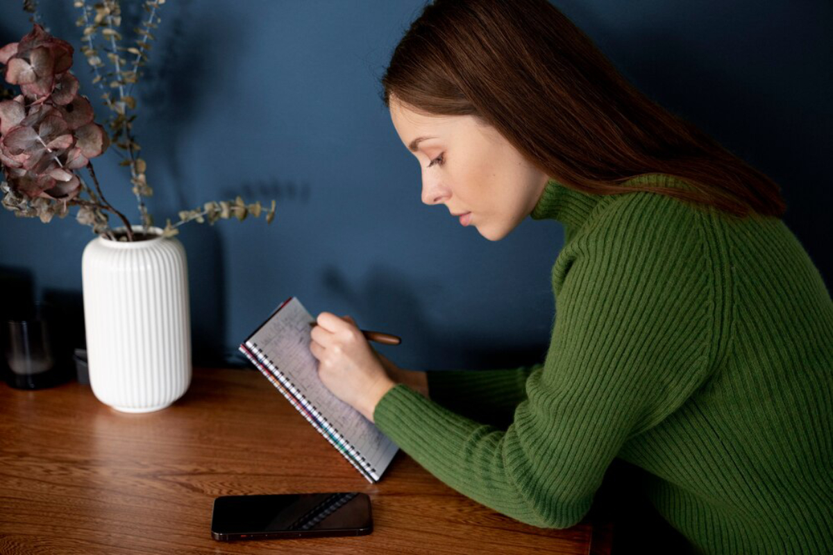 A person wearing a green sweater sits at a wooden table, writing in a notebook, with a smartphone and a vase of dried flowers nearby.